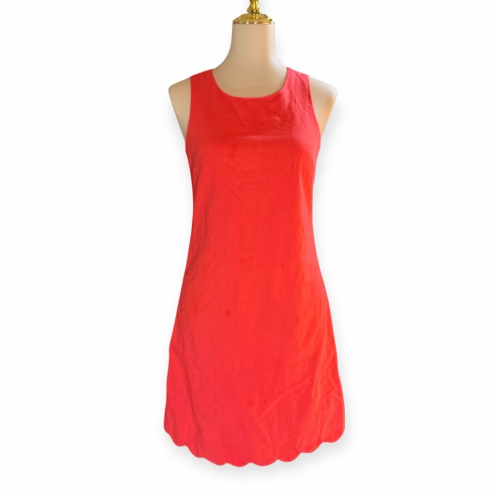 J. Crew Coral Scalloped Shift Dress Size 00 Cotton and Linen Mod Spring 60s